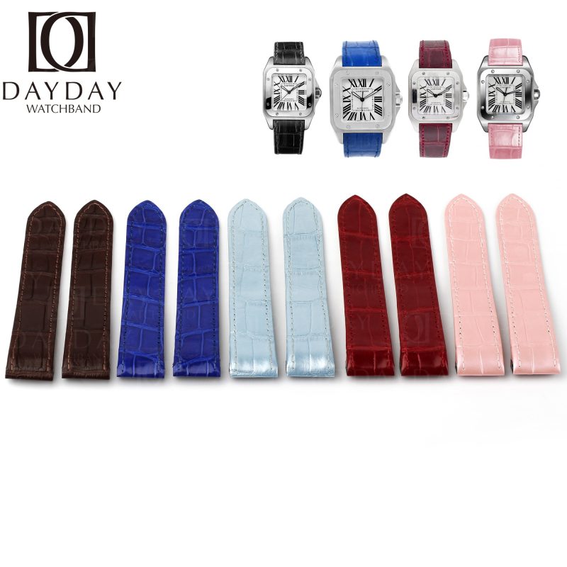 Buy custom crocodile watch belt for Cartier-Santos-100-midsize-large-size-Replacement-black blue ice blue red pink-leather-watch-band-strap-Alligator