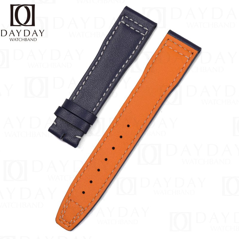 Handmade blue calfskin leather watch strap band replacement with santoni orange linning for IWC Pilot Top Gun