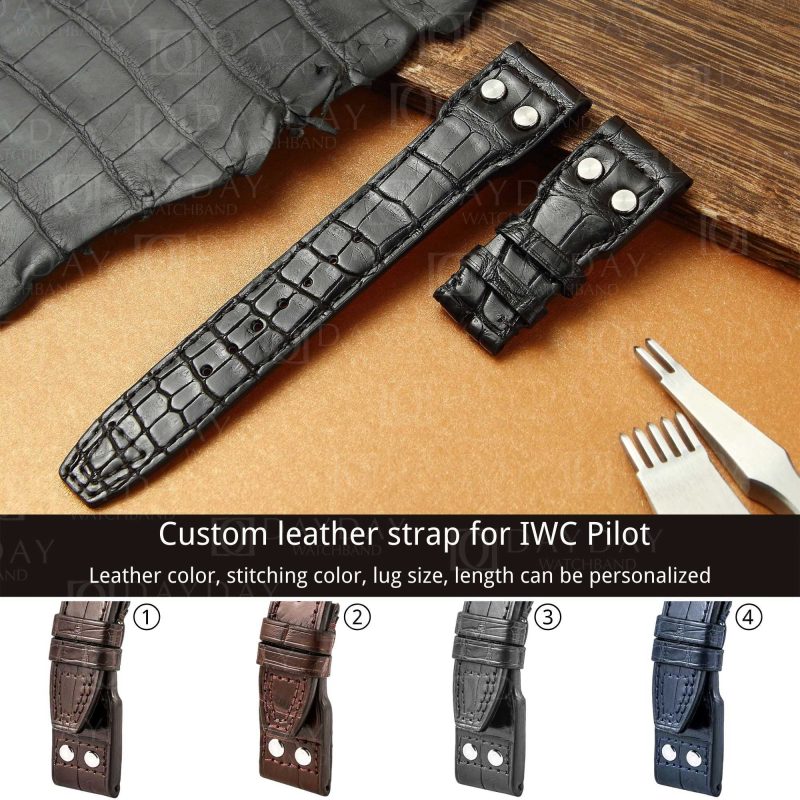 IWC-Big-Pilot-Alligator-brown black-leather-strap-replacement-21mm-22mm-rivets-watch-band