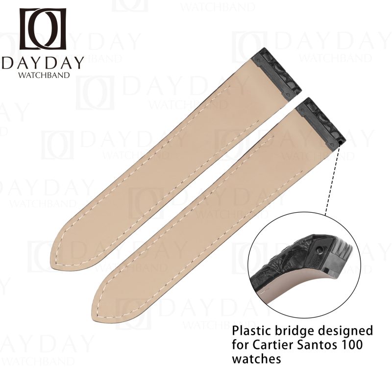 Custom handmade Replacement black alligator leather watch strap band fit for Cartier Santos 100 Midsize, Large, XL Round Scale aftermarket