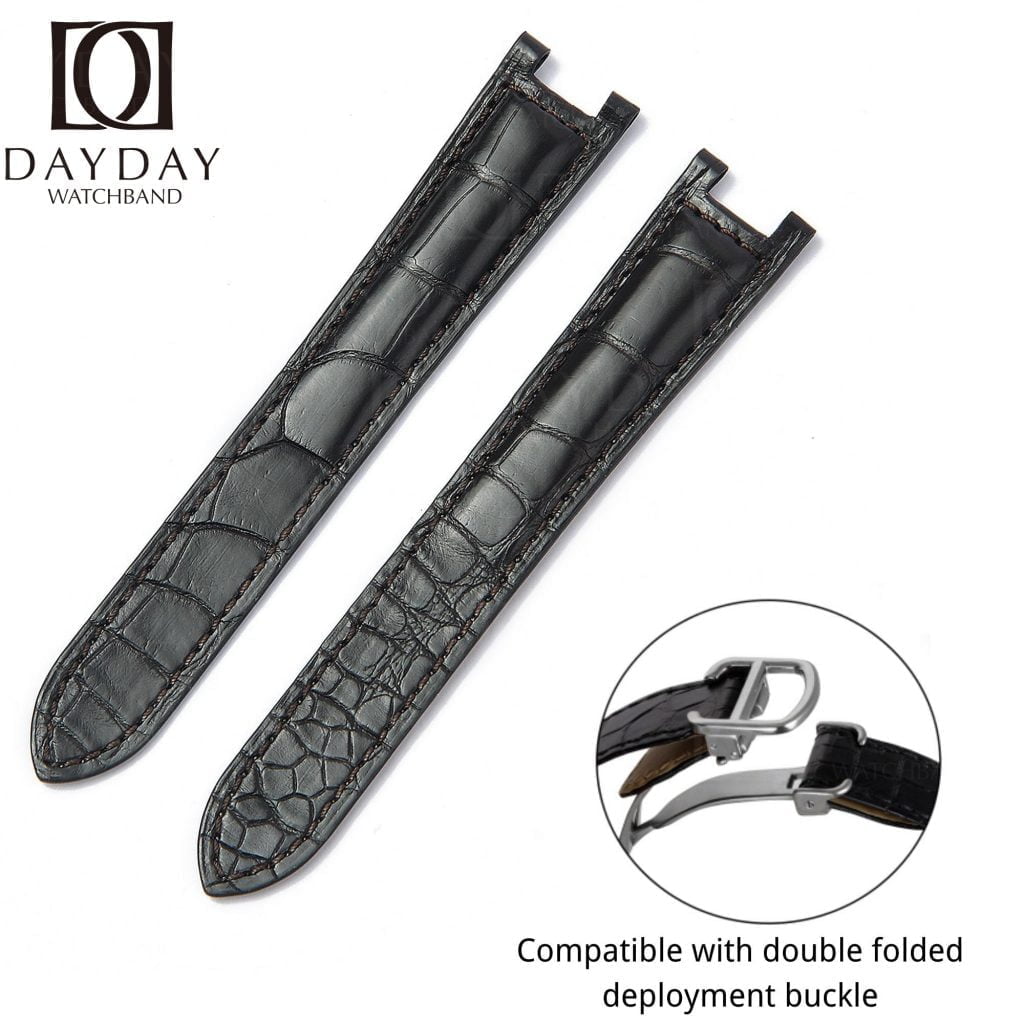 Black Leather Watch Band for Cartier Pasha De Cartier Double Folded Handmade replacement Strap