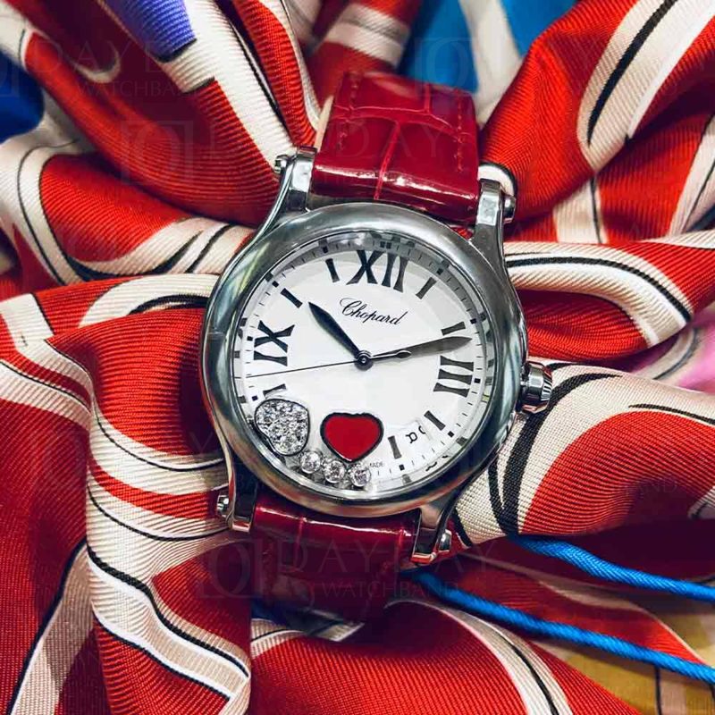 Chopard-Happy-Sport dancing floating 3 5 7 diamonds 30mm 33mm 36mm ladies watches -red-alligator leather-strap-Replacement-watch-band