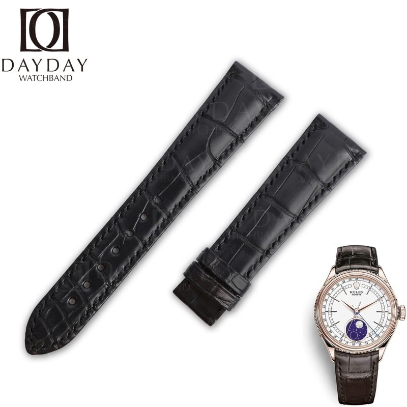Custom alligator black alligator leather strap for Rolex Cellini time Moonphase 20mm replacement watch band for sale