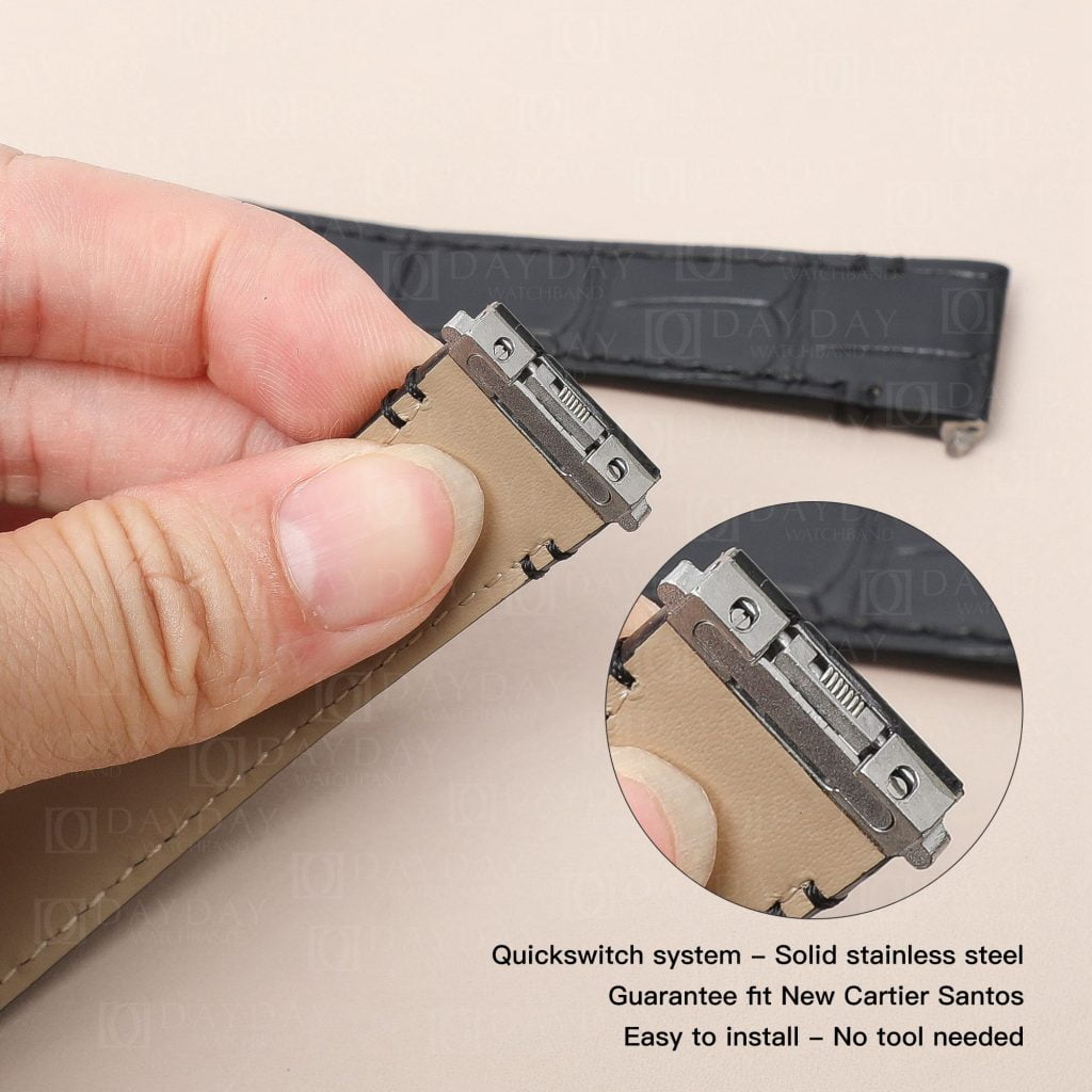Custom handmade replacement aftermarket black alligator leather watch band for Cartier Santos quickswitch strap 19mm 21mm