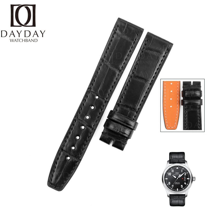 Custom Handmade-black-alligator-leather-watch-band strap-Santoni-for-IWC-Schaffhause Portuguese Portofino-ladies-watch-band for sale aftermarket