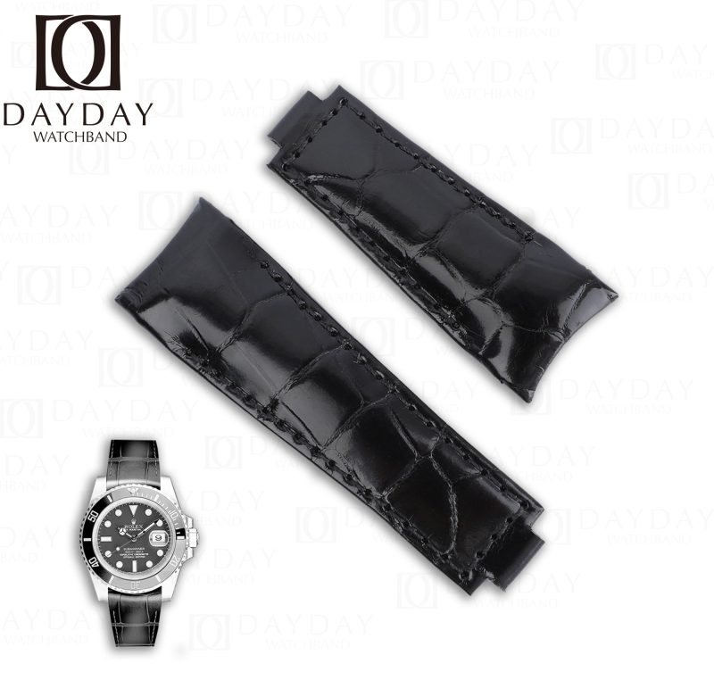 Rolex-Submariner-high-gloss-black-Alligator-leather-watch-strap-band-20mm-replacement-curved-end