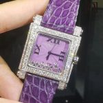 Chopard-Happy-Sport dancing floating 3 5 7 diamonds-purple leather-watch-band-strap-15mm-18mm