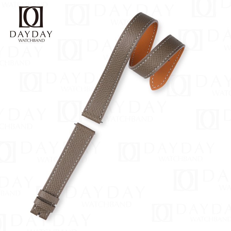 Custom handmade Hermes double tour Epsom Elephant Grey leather strap replacement watch band