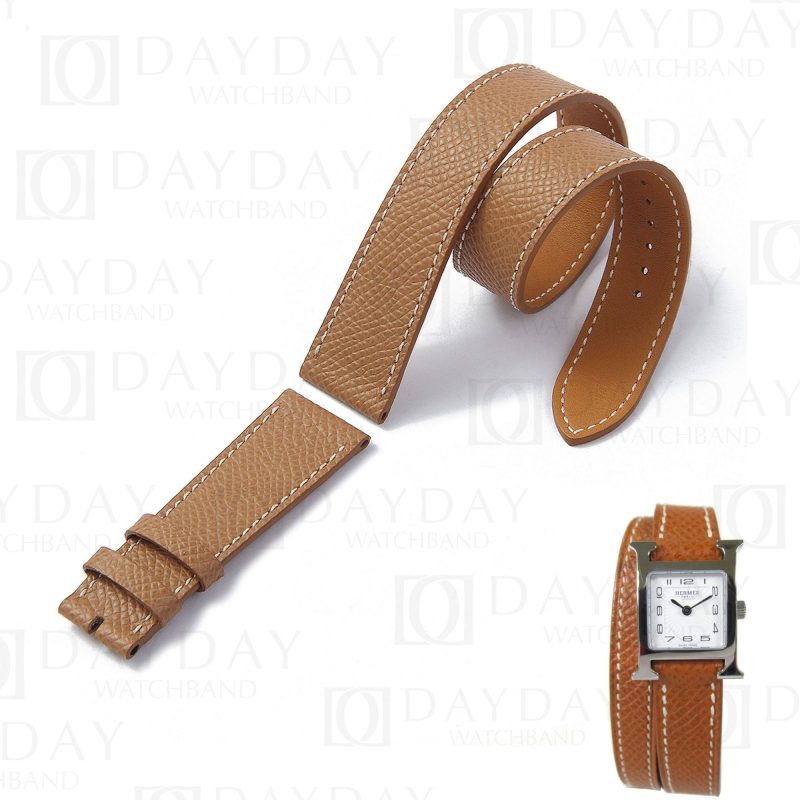 Custom handmade double tour epsom brown leather strap replacement watch band for Hermes Cape cod, Heure H, Arceau watch
