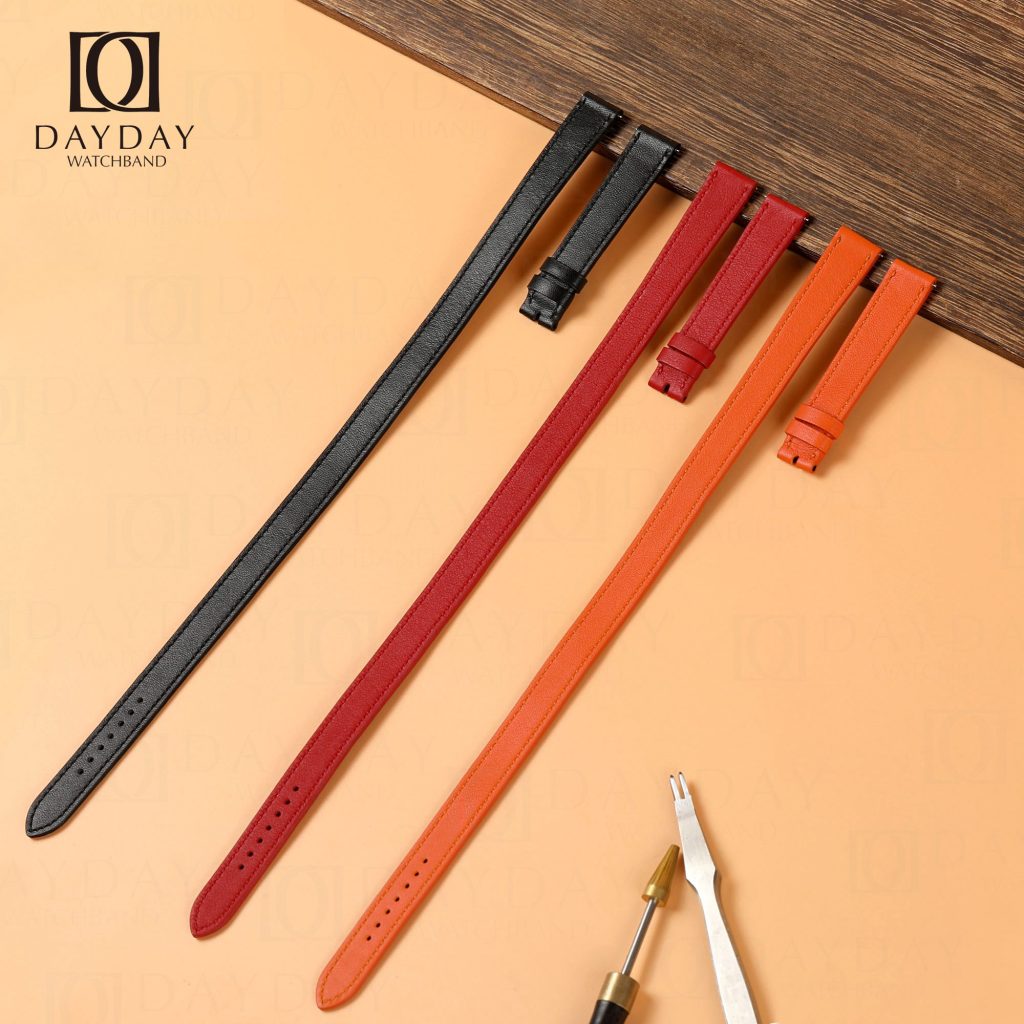 Custom handmade red black orange Epsom leather double tour watch strap replacement for Hermes Cape cod, Heure H, Arceau watch