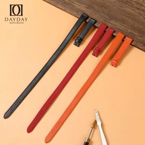 Custom handmade red black orange Epsom leather double tour watch strap replacement for Hermes Cape cod, Heure H, Arceau watch