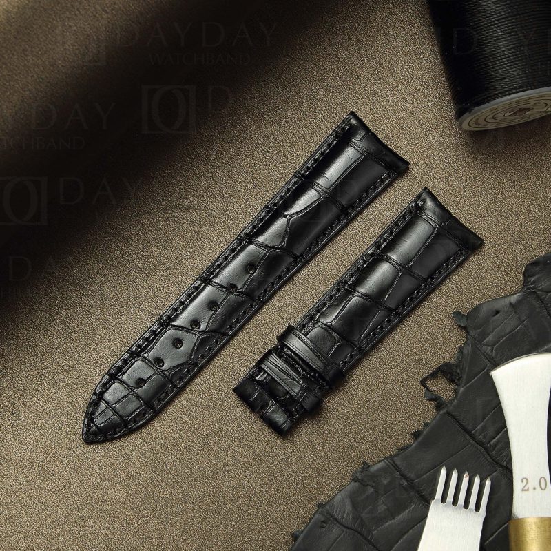 Custom replacement black alligator leather watchbands for Jaeger LeCoultre JLC Rendez-Vous Reverso strap straps