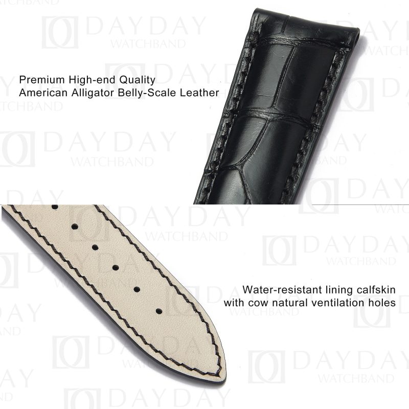 Custom replacement black alligator leather watchbands for Jaeger LeCoultre JLC Rendez-Vous Reverso straps