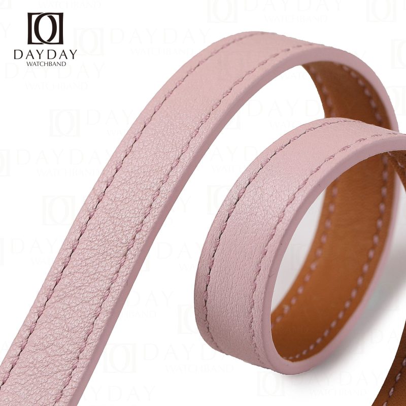 Personalized handcrafted pink Epsom calfskin leather double tour watch bracelet replacement for Hermes Cape cod, Heure H, Arceau watch aftermarket (3)