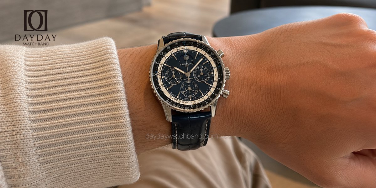 Custom blue alligator leather watch bands for Breitling Navitimer on wrist