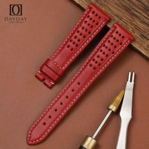 Buy handmade red top quality real calf leather Omega Speedmaster watch bands Flat end aftermarket