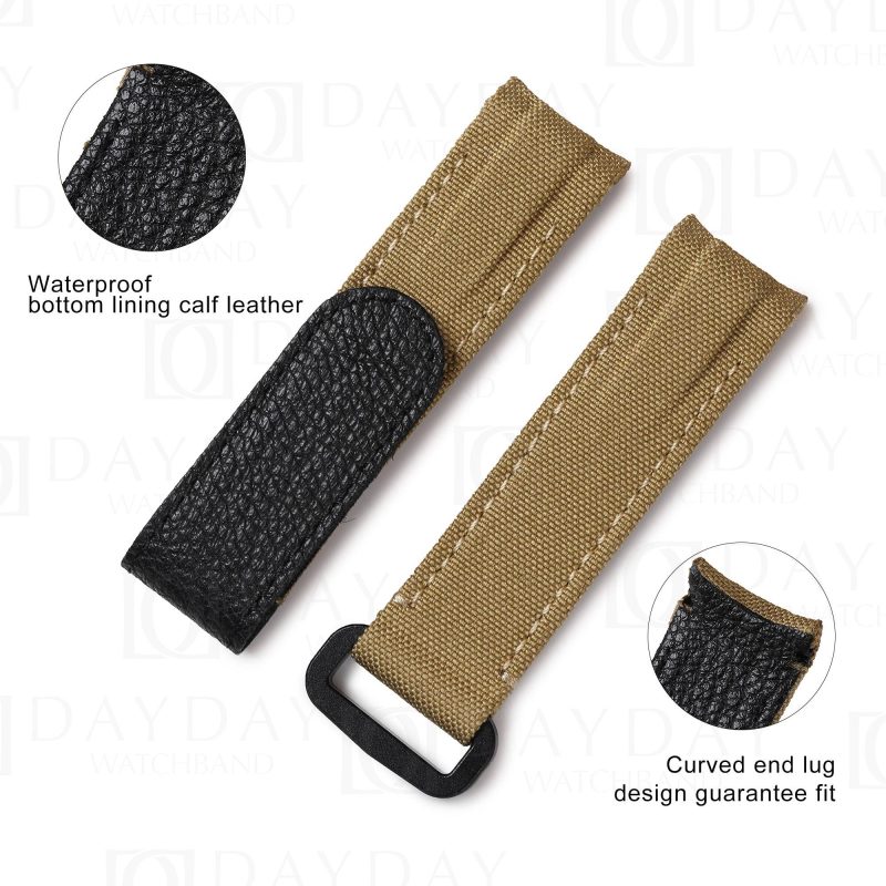 Aftermarket brown bespoke Curved end 2 pin holes canvas fabric leather watch bracelet replacement for Rolex DIW Daytona (2)