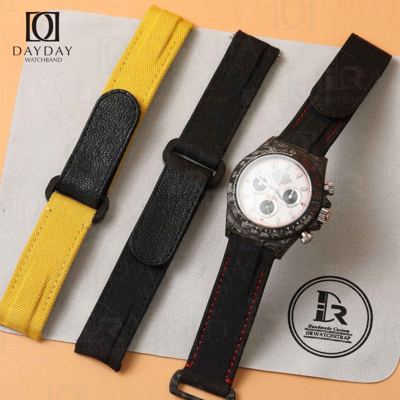 Aftermarket yellow black bespoke Curved end 2 pin holes canvas fabric leather watch bracelet replacement for Rolex DIW Daytona