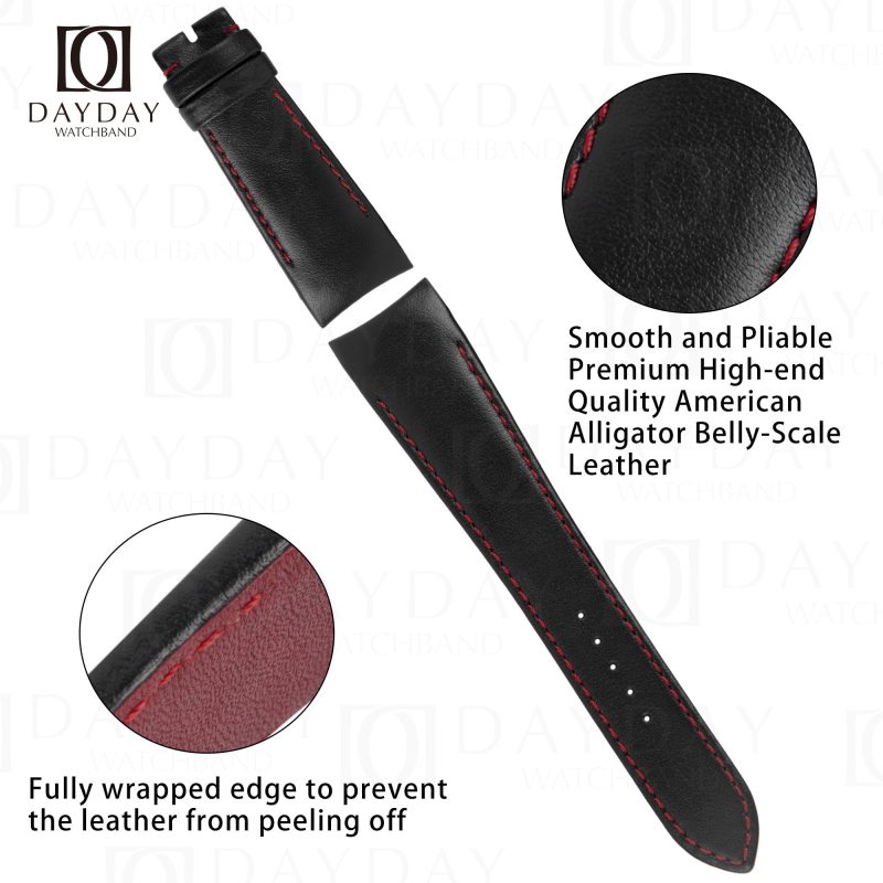 Black handmade real smooth black calf leather watch band for Tudor Fastrider Ducati Red watch strap 22mm 24mm replacement for sale