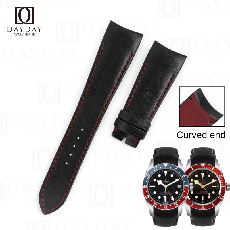 Black handmade real smooth black calf leather watch band for Tudor Fastrider Ducati Red watch strap 22mm 24mm replacement for sale