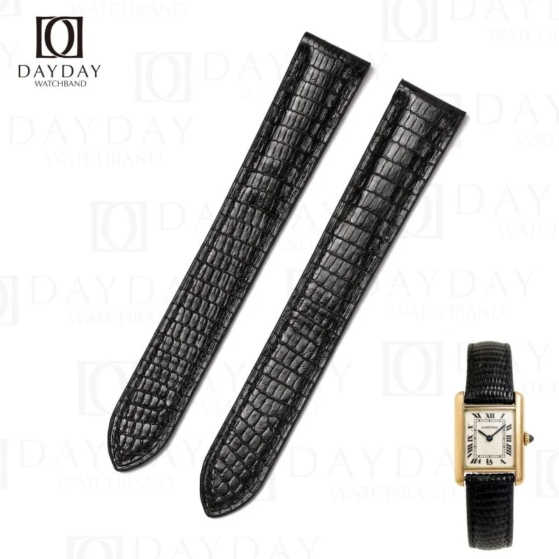 Buy Bespoke custom black colors lizard leather Cartier Tank leather watch band replacement Single folded buckle