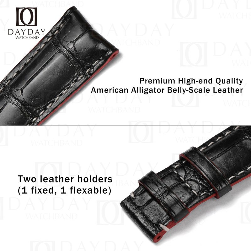 Curved end black alligator leather Baume Mercier replacement strap deatil custom lug size