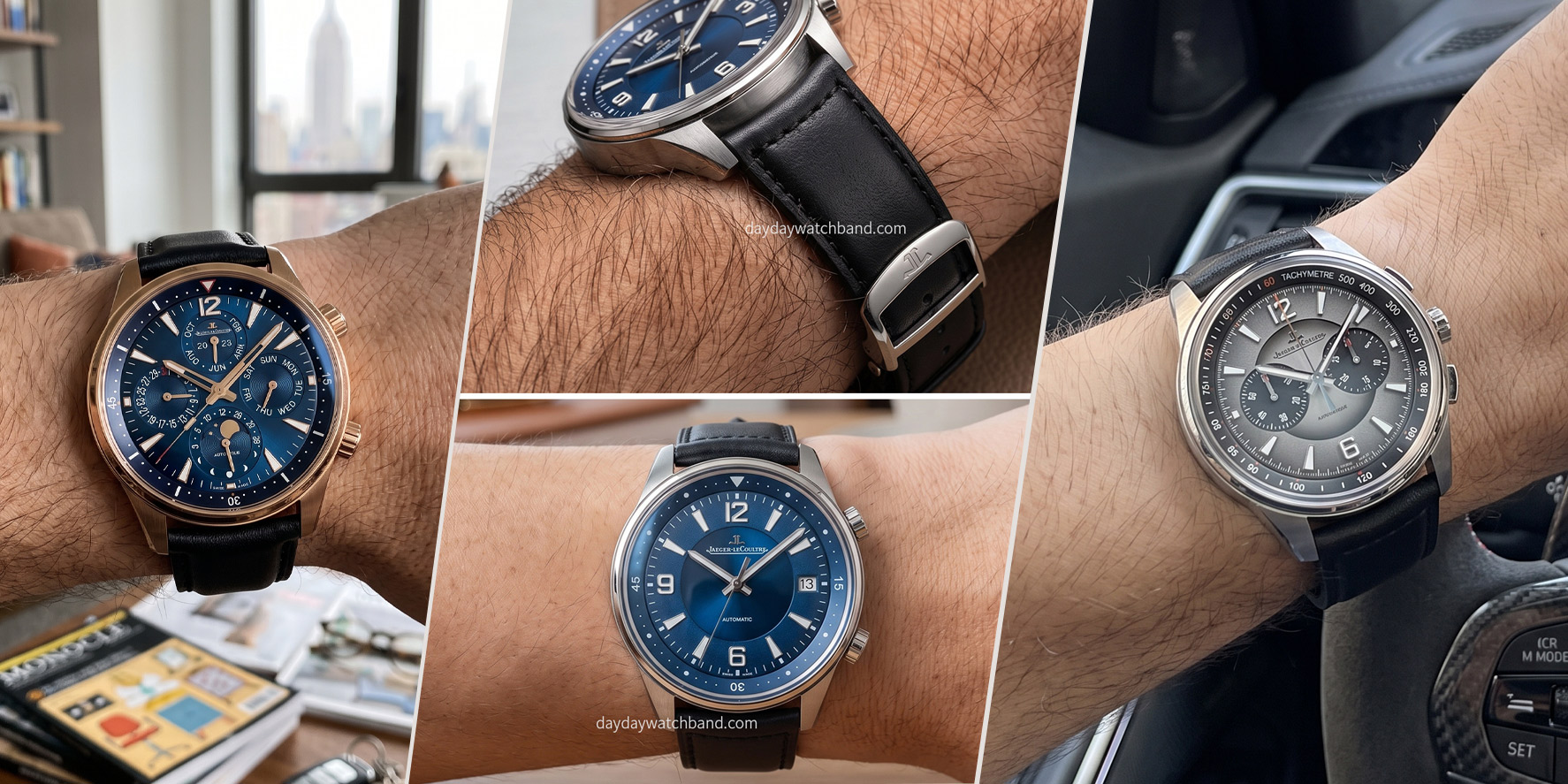 Custom black and brown leather strap for Jaeger Lecoultre dress watch on wrist