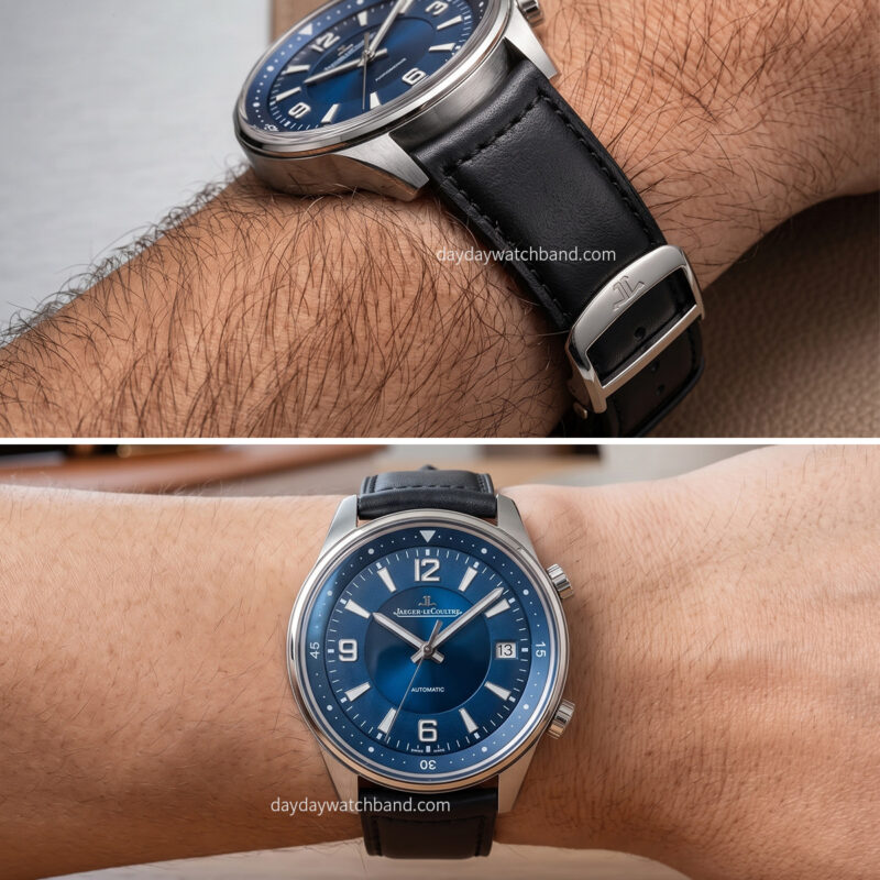 Custom black leather strap for Jaeger Lecoultre dress watch on wrist