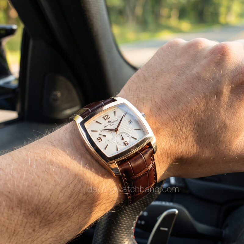 Custom brown leather strap for Baume Mercier on wrist