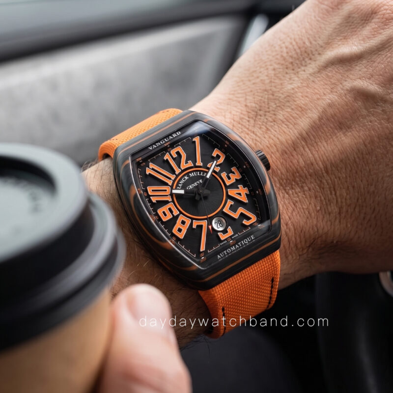 Custom franck muller orange strap on wrist