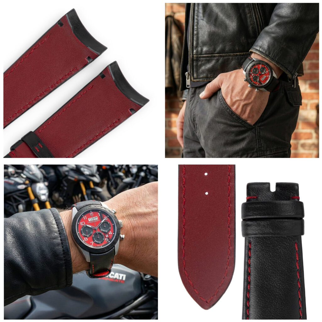 Custom handmade black calfskin leather strap replacement for Tudor Fastrider Ducati 42000CR — red lining, red stitching, 22mm curved end, on-wrist lifestyle shot