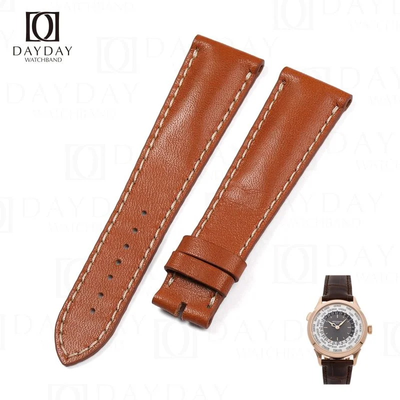 Custom handmade brown smooth calfskin leather watch strap for Patek Philippe Complications World Time 5230P for sale (2)