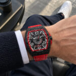 Custom red strap for franck muller vanguard racing skeleton on wrist