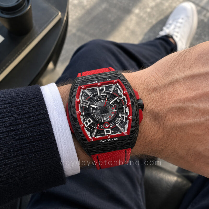 Custom red strap for franck muller vanguard racing skeleton on wrist