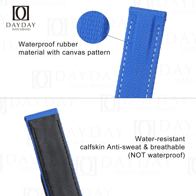 High quality blue custom canvas rubber velcro flat end leather watch strap replacement for sale fit for Rolex Omega IWC