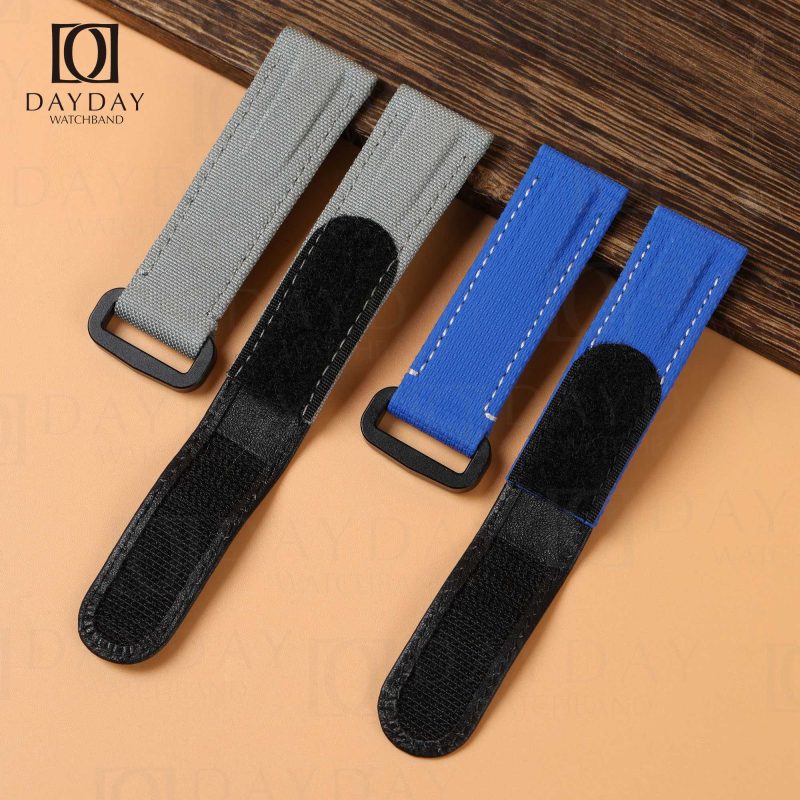 High quality grey blue custom canvas rubber velcro flat end leather watch strap replacement for sale fit for Rolex Omega IWC