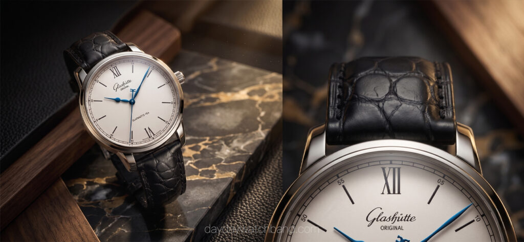 Alligator Round Scale leather strap for Glashutte Senator watch — 
custom handmade black glashutte watch bands