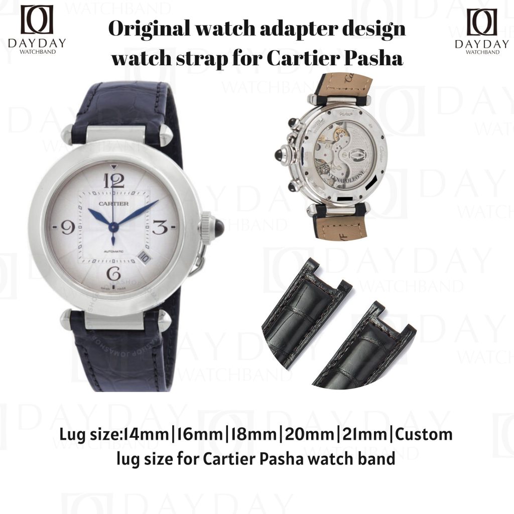 daydaywatchband handmade custom leather watch band straps replacement Original watch adapter design showing watch strap for Cartier Pasha