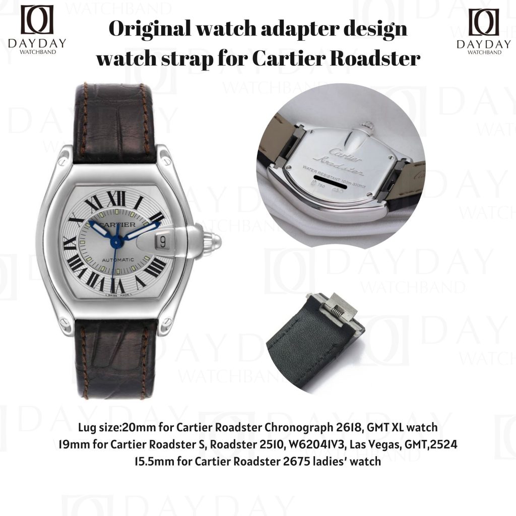 daydaywatchband handmade custom leather watch strap band replacement for Cartier roadster orginal design watch adapter showing