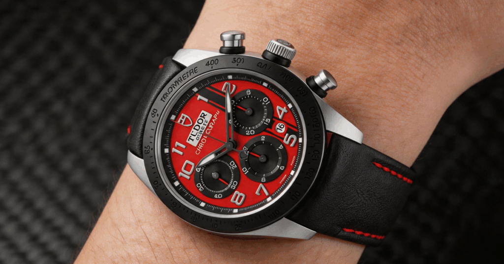Tudor Fastrider Ducati 42000CR red dial chronograph on wrist — black calfskin leather strap replacement with red stitching