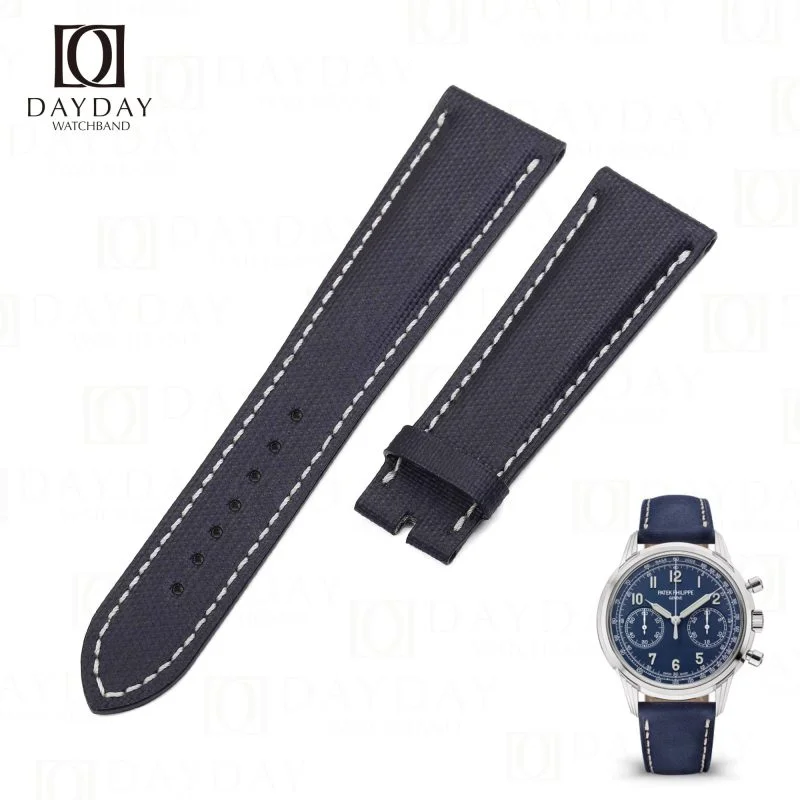 Custom handmade dark blue canvas leather watch band strap replacement for Patek Philippe Complications World Time 5230P (2)