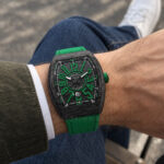 Custom green rubber hook and loop velcro straps for Franck Muller V45 on wrist