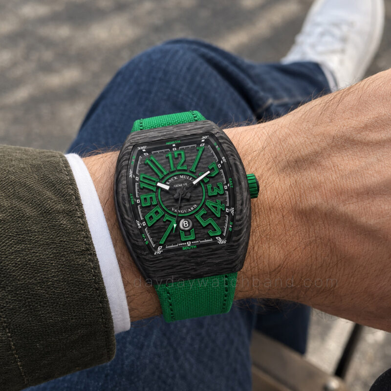 Custom green rubber hook and loop velcro straps for Franck Muller V45 on wrist