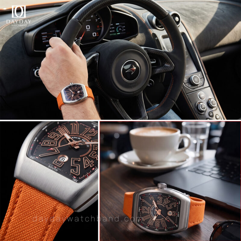 Custom velcro orange watch strap for Franck Muller V45 Yachting on wrist