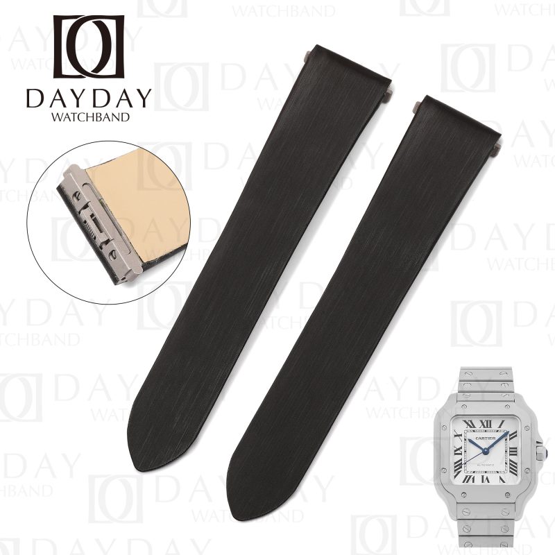 Custom handmade black satin double folded watch straps band replacement 19mm 21mm for Cartier Santos Small, Medium, and Large aftermarket