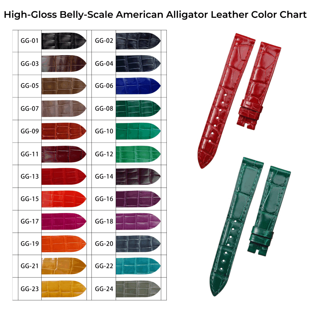 Custom belly scale alligator watch straps(Multi-colors) 28 New daydaywatchband High-Gloss-Belly-Scale-American-Alligator-Leather-Color-Chart