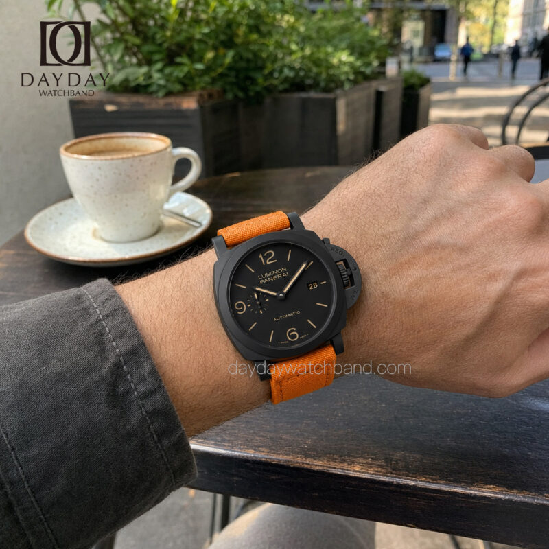 Personalized-bespoke-Orange-nylon-watch-strap-for-Panerai-on-wrist