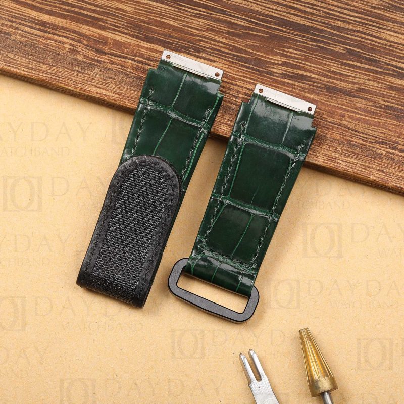 Buy Handmade custom green alligator leather velcro watch strap bands with elastic replacement for Richard Mille RM 035 030 055 011 067 men and women's watch