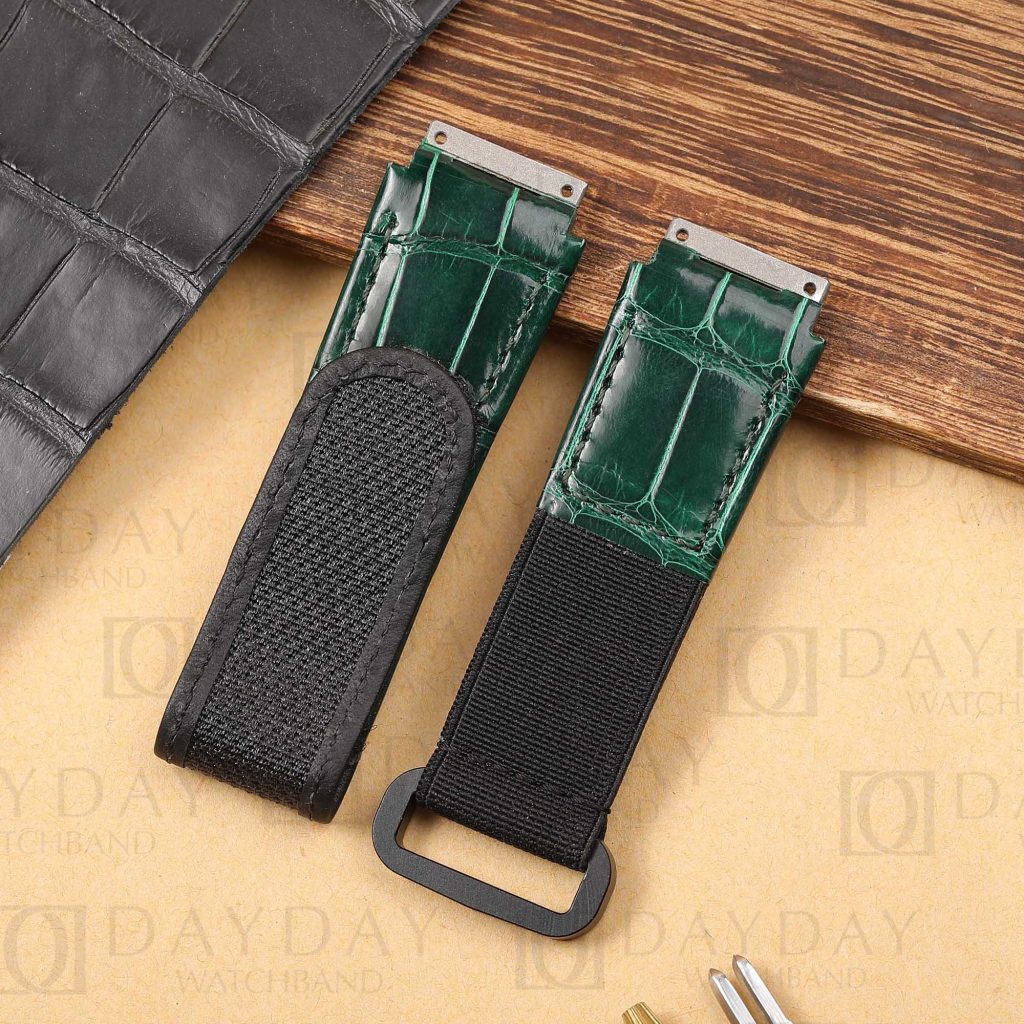 Handmade custom green alligator leather velcro watch strap bands with elastic replacement for Richard Mille RM 035 030 055 011 067 men and women's watch