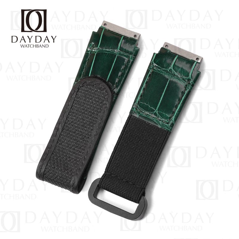 Handmade custom green alligator leather velcro watch strap bands with elastic replacement for Richard Mille RM 035 030 055 011 067 men and women's watch (4)